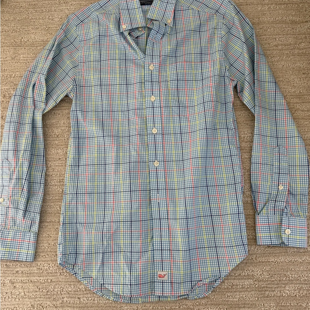 Vineyard Vines Light Blue Plaid Button-Down Shirt with Red and Yellow Accents